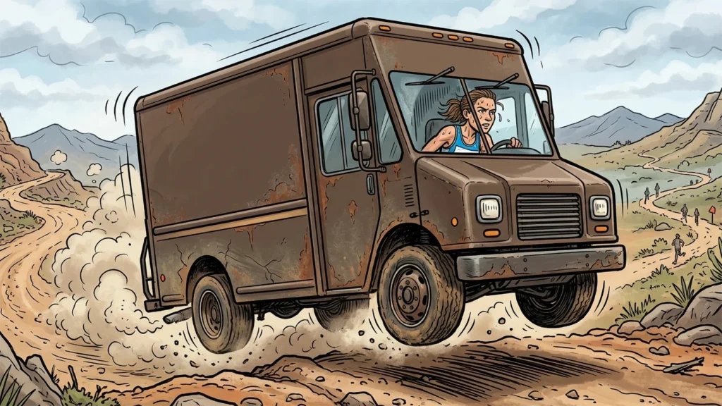 A conceptual editorial illustration of an ultramarathon red blood cell metaphor. A fatigued female runner drives a dented, logo-free brown delivery truck aggressively over a rough mountain road. The truck shows visible signs of oxidative stress, including rust on the body panels and cracked tires, symbolizing the molecular damage to red blood cells during extreme endurance racing as described in research by Travis Nemkov