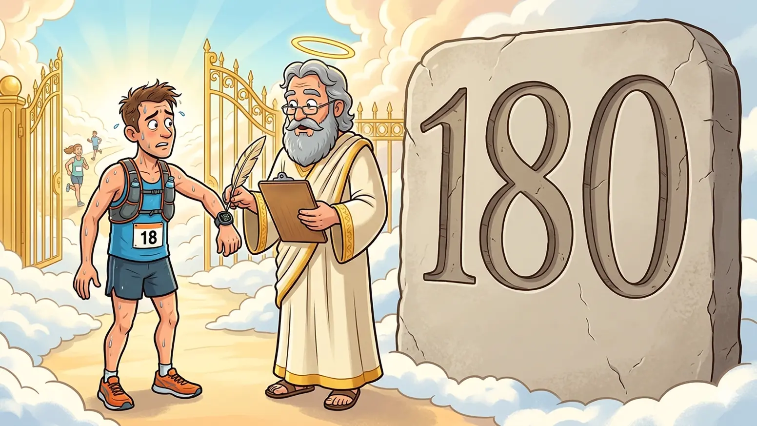 A cartoon of a stressed runner arriving at the gates of heaven, where St. Peter checks his running watch next to a massive stone tablet carved with the ideal cadence of 180.