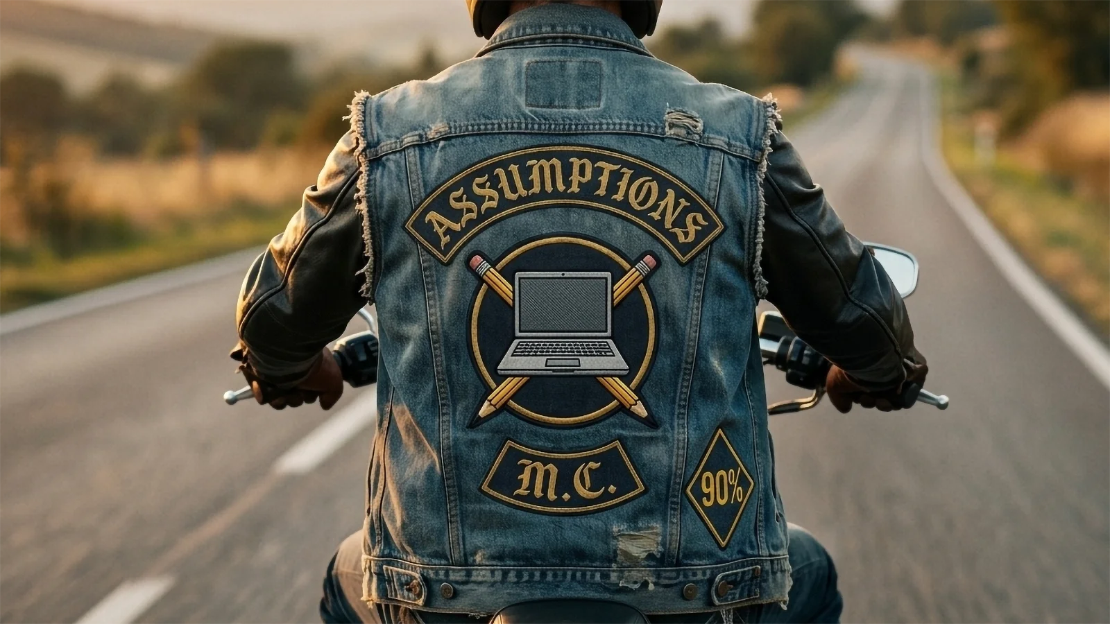 Rear view of a motorcycle rider wearing a denim vest with an “Assumptions MC” patch featuring a laptop and crossed pencils, alongside a “90%” diamond patch, symbolizing the uncertain assumptions entrepreneurs make when building a business.