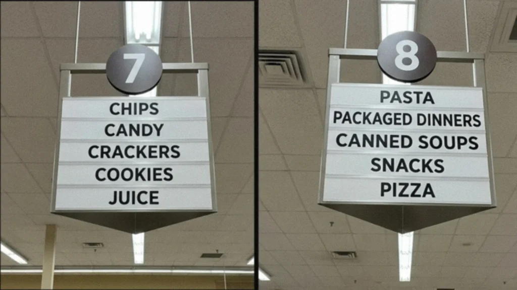 Grocery store aisle signs listing chips, candy, crackers, cookies, juice, packaged dinners, snacks, and pizza.