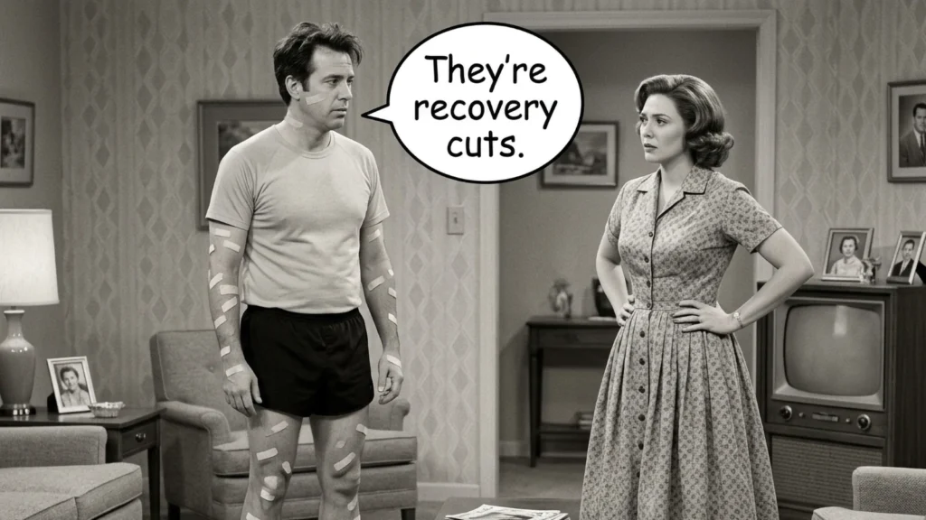 Do Recovery Runs Work? Black-and-white 1950s TV sitcom still of a runner covered in adhesive bandages telling his wife, "They're recovery cuts."