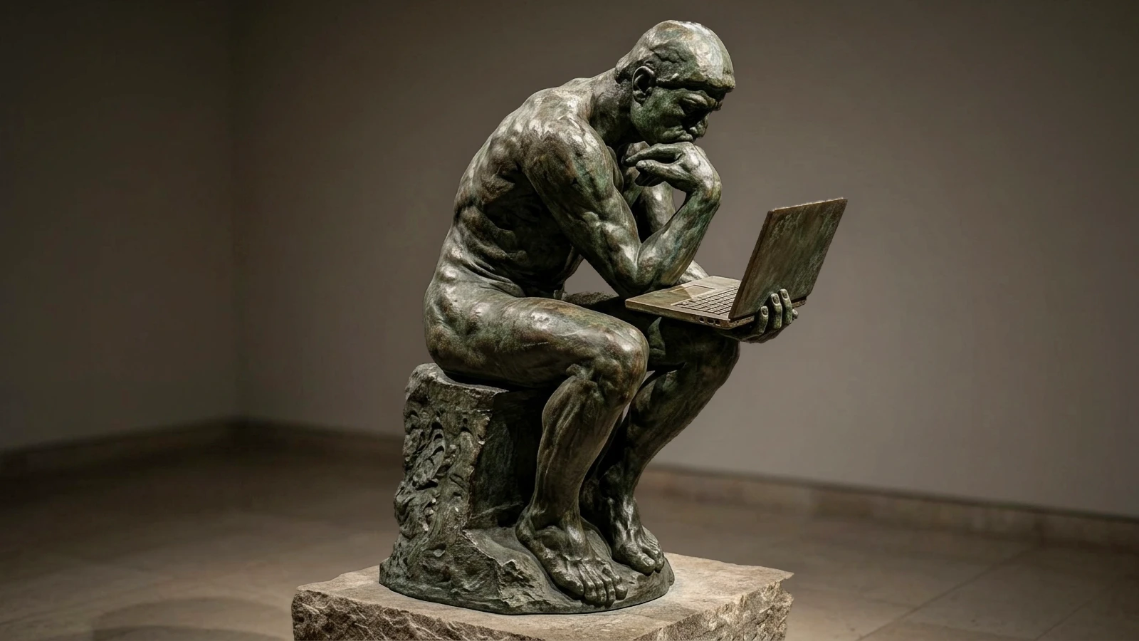 Bronze interpretation of Rodin’s The Thinker contemplating an open laptop.