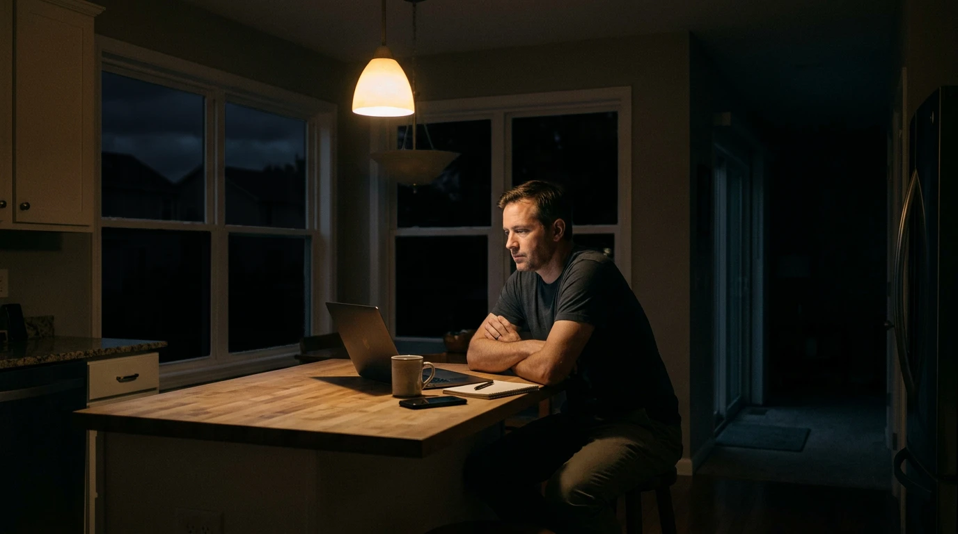 An entrepreneur working alone at his kitchen table late at night