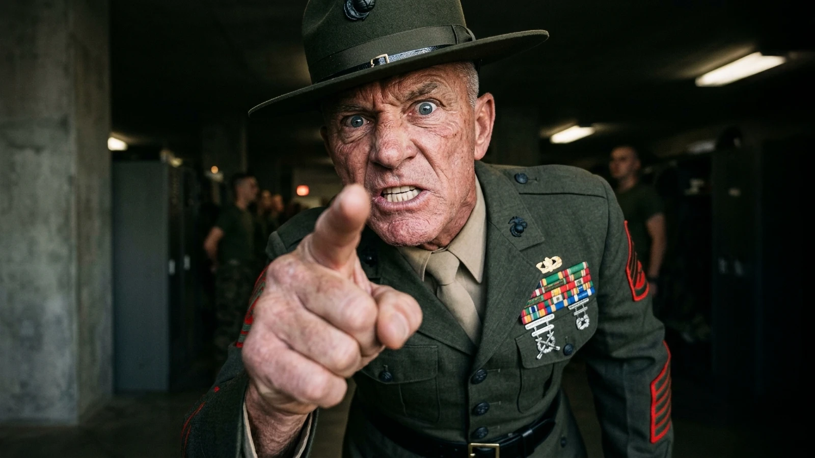 Older Marine drill instructor pointing directly at the camera with an intense expression.